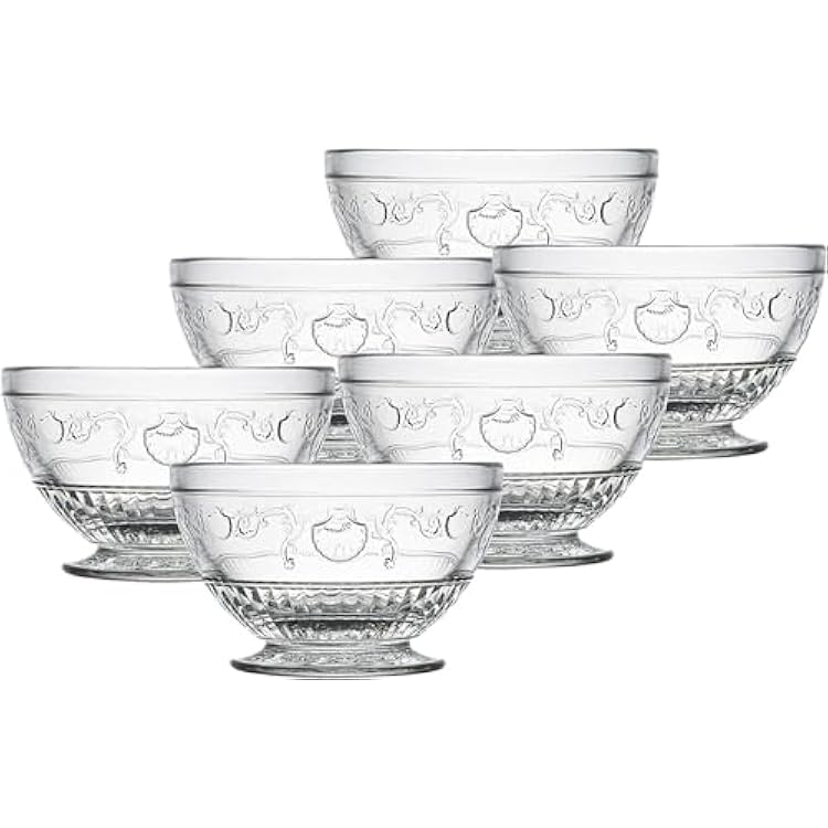 La Rochere Versailles Glass Bowl Set of 6 Classic French Clear Glass Dessert Bowls with Shell & Flower Motif Elegant and Versatile Footed Small Bowls for Dips, Snacks & Entertaining 9 Oz
