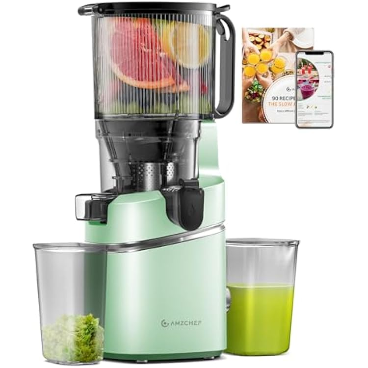 AMZCHEF Cold Press Juicer with 5.8 Large Feed Chute, Slow Masticating Juicer for Whole Fruits & Vegetables, 3-Layer Strainer, Copper Motor, High Juice Yield, Easy to Clean, Light Green