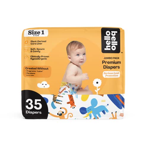 Hello Bello Premium Baby Diapers Size 1 I 35 Count of Disposeable, Extra-Absorbent, Hypoallergenic, and Eco-Friendly Baby Diapers with Snug and Comfort Fit I Serengeti