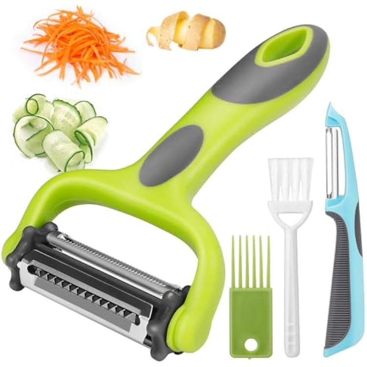 Senbowe Julienne Peeler, Potato Vegetable Peeler for Kitchen, I and Y Potato Peelers for Apple Fruit Carrot Zucchini Cucumber Veggie, 3 in 1 Blade Spin Design, Anti-Slip Handle