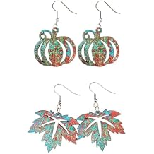 Zian 2 Pairs Fall Earrings for Women Vintage Wood Pumpkin Maple Leaf Thanksgiving Fall Dangle Drop Earrings Autumn Jewelry