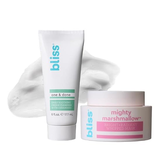 Bliss One & Done Daily Cream Facial Cleanser With Ceramides - Moisturizing Face Wash For Dry Skin and Mighty Marshmallow + Vitamin C Whipped Mask - Brighten & Hydrate
