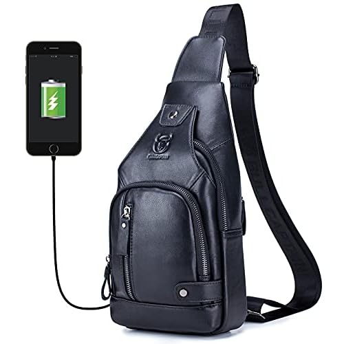BULLCAPTAIN Men Crossbody Bag with USB Charging Port Genuine Leather Shoulder Sling Chest Bag Travel Hiking Backpack Black