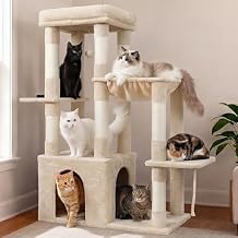 Heybly Heavy Duty Cat Tree, Tower for Indoor Cats Large Adult, Tall Cat Condo House with Extra-Large Baseboard, Multi-Level Plush Furniture with Scratching Posts, Hammock,Toy Balls, Beige HCT026M