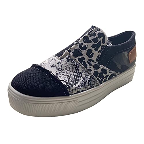 Womens Casual Pieced Raw Edge Animal Print Canvas Orthopedic Comfort Platform Slip Low Top Sneaker with No Show Sockless Washable No Slipping No Stinking Barefoot Insert Flats