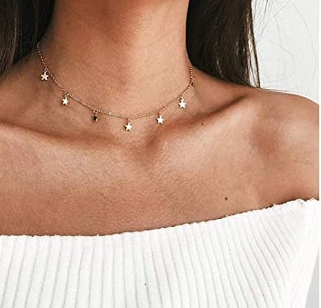 DOUBNINE Choker with Star Charm Dainty Dangle Necklace Gold Silver Women Jewelry Gift (silver)