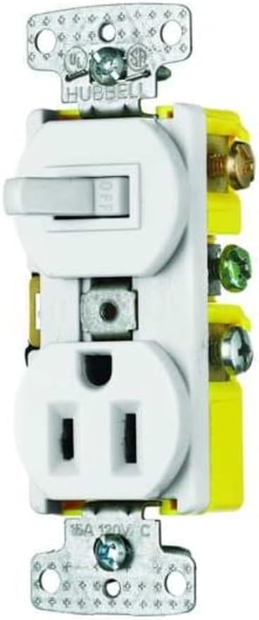 Bryant Electric RC108W Residential Combination Switch, One (1) 15 Amp single Pole Toggle Switch, One (1) 15 Amp 125V Receptacle, Side Wired Only, Self-Grounding, White