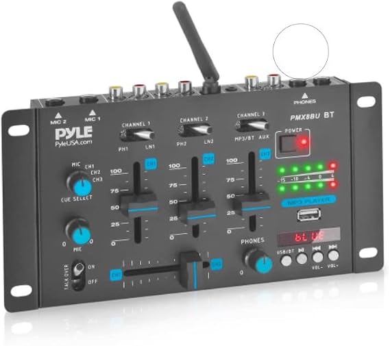Pyle 3-Channel Professional DJ Mixer w/ Bluetooth - Dual Balanced Mic Inputs w/ Talkover, USB-A MP3 Player, Phono/Line In, CUE Monitor, Crossfader, LED Display for Mobile DJ, Karaoke, Events - PMX8BU