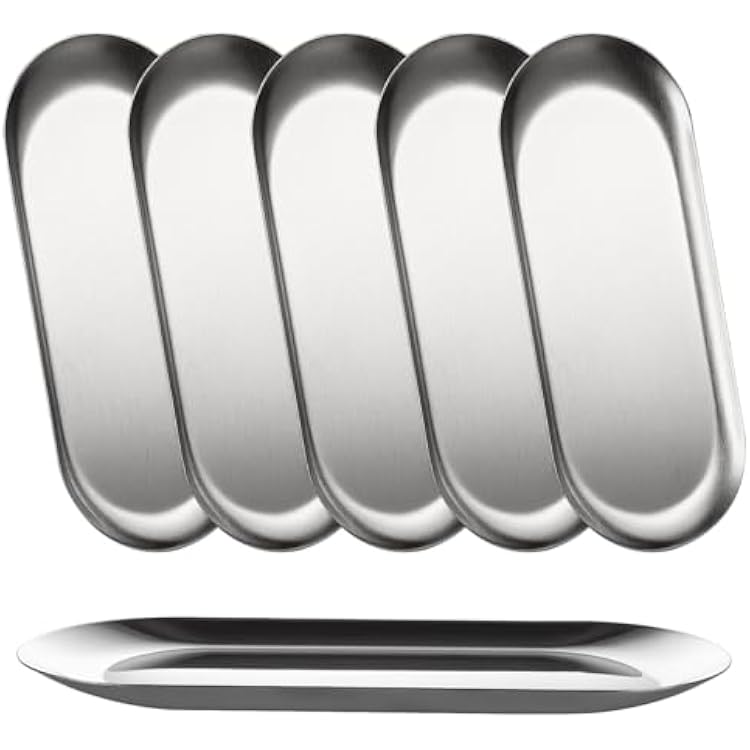 AKOLAFE 6PCS Stainless Steel Serving Tray Set Small Metal Trays Decorative Silver Platters for Serving Food Party 9 Long Plate Oval Storage Trays Thickened Serving Dishes for Entertaining Sushi Snack