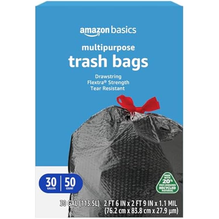 Amazon Basics 30 Gallon Flextra Strength Multipurpose Drawstring Trash Bags, 20% Post Consumer Recycled Material, Tear Resistant, Black, 50 Count