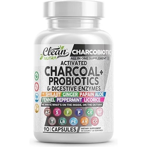 Clean Nutra Activated Charcoal Pills  Shilajit Probiotic Digestive Enzymes for Digestive Health Capsules with Peppermint Fennel Licorice Papain Ginger Turmeric Powder | Gut Health