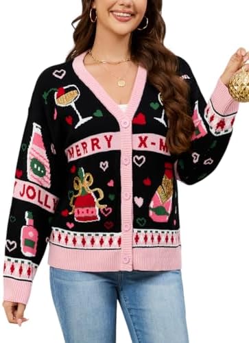 LUBOT Christmas Sweaters Cardigans for Women Ugly Soft Fuzzy Knit Long Sleeve Pullover for Christmas Party Holiday S-XXL