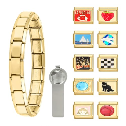 papasgix Italian Charm Bracelet Gold Set with Starter Brascelet, Assorted Charms and Opening Tools, 9mm Modular Italian Charm Bracelet Links Handmade DIY Jewelry Gifts Peace Love, one