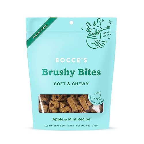 Bocces Bakery Dailies Brushy Bites Dog Treats for Wellness Support, Wheat-Free Dog Treats, Made with Real Ingredients, Baked in The USA, Natural Soft & Chewy, Apple & Mint Recipe, 6 oz