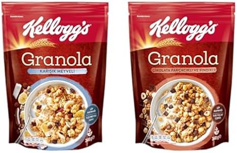 Kellogg's Granola Meyveli 340 Gr ve Kellogg's Granola Çikolata Parçacıklı ve Fındıklı 340 Gr,%44 Yulaf içerir,Lif Kaynağı,%11 Belçika Çikolata Parçaları,Antioksidan içerir,Kahvaltılık Gevrek,Müsli