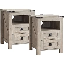 T4TREAM Farmhouse Nightstand Set of 2, Rustic End Table with 2 Drawers, Charging Station, Storage Open Shelf for Bedroom, Living Room, Wood Side Table, Light Rustic Oak
