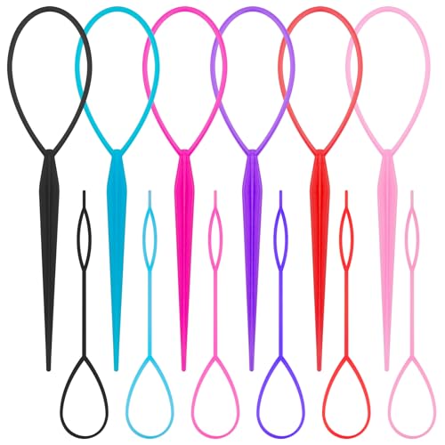 12 PCS Topsy Tail Hair Tool, 6 Colors Hair Loop Styling Tool Set Hairs Pull Through Tools in Large and Small, Ponytail Makers French Braid Loop Braiding Tools for Women and Girls