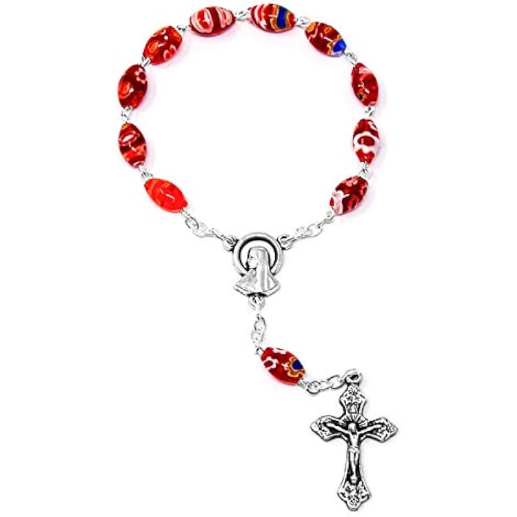 Red Virgin Mary Murano Glass One Decade Rosary Beads, Junction Medal Depicts The Virgin Mary & Lourdes Prayer Card