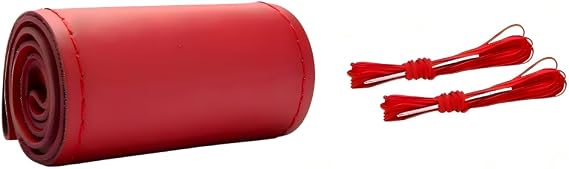 Car Steering Wheel Cover, 15" Genuine Leather Hand Stitch on Anti-Slip Steering Wheel Wrap Guard with Needle Thread, Auto Interior DIY Sewing Protector, Universal Fit (Red/Glossy)