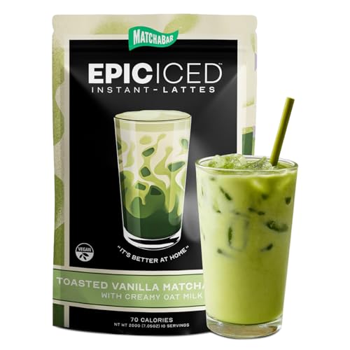 Matchabar Epic Iced Instant Latte Powder | Toasted Vanilla Matcha wOat Milk Base | Low Sugar, Non-Diary & Vegan Instant Iced Matcha Powder | Barista-Quality Creamy Latte Mix | 10 Servings