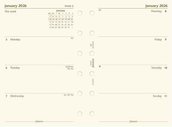 Filofax Calendar Diary Refill, Pocket Size, Week-to-View, Cotton Cream Paper, Unruled, English, 2026 (C68224-26)