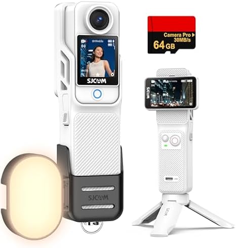 SJCAM C400 LED Light Combo with Tripod and 64G Card,4K YouTube Content Creator Vlogging Camera,7H Power use,6-Axis Stabilizer,for Vlogs influencers,2.29'' Touch Screen,30M Waterproof Body Cam,White