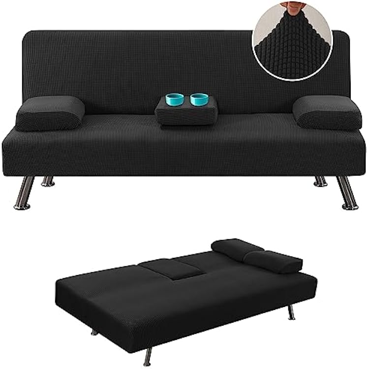 LiveGo Futon Cover 4 Pieces Stretch Futon Covers Sofa Bed Slipcover with Removable Armrests and Cupholders Covers Furniture Protector High Spandex Small Checks Jacquard Fabric Black