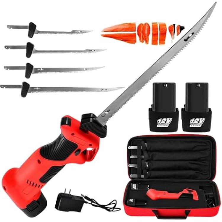 Cordless Electric Fillet Knife,12V Rechargeable Fish Fillet Knife with 4 Ti-Nitride S.S. Coated Non-Stick Blades & 2 Batteries, Safe Lock, for Home, Restaurant, Picnic