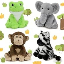 MaoGoLan 4Pcs Small Stuffed Animals Bulk, 7.87 Inch Safari Stuffed Animals Set - Soft Elephant, Monkey, Zebra & Frog Plush Toys, Room Decor Party Favors, Kids Gifts for Baby Shower Birthday Christmas