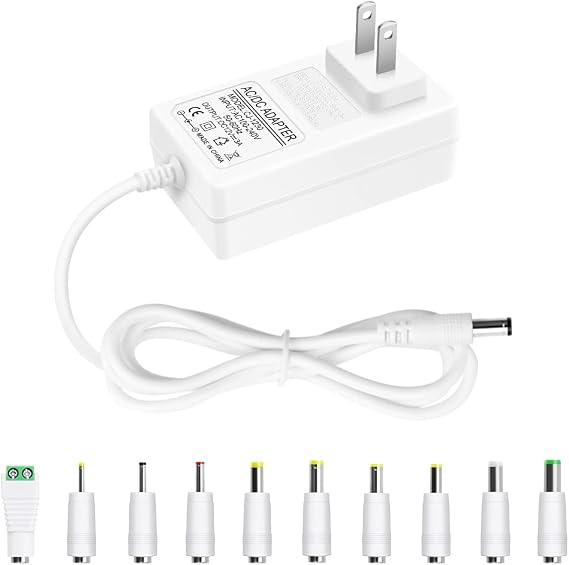 12V 3A Power Supply AC Adapter 36W AC 100V-240V to DC 12V 3A Power Cord | DC 12V 3A AC/DC Charger with 10 Tips,5.5x2.5mm DC Plug,4.9FT 12Volt 2.5A 2A Transformer for LED Strip Light Security Camera