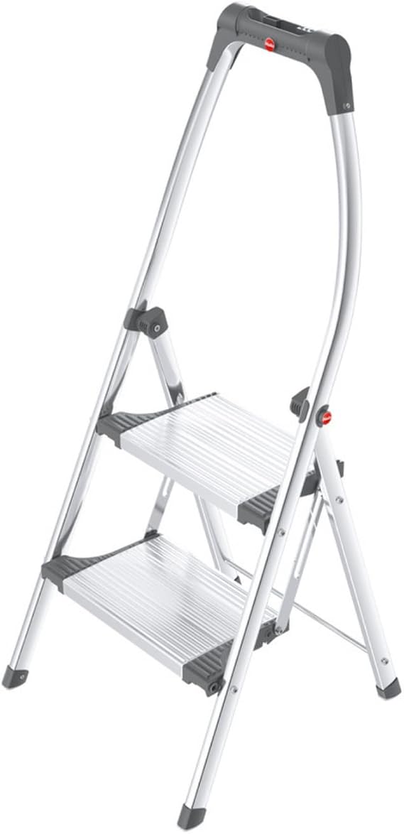 Hailo LivingStep Comfort Plus Aluminum Folding Steps - Two Extra Large Steps with High Safety Rail and Soft-Grip Feet - Stainless Steel, Silver