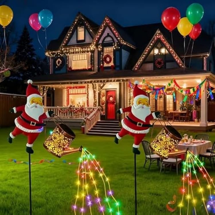 Christmas Santa Solar Kettle Lights Garden Lawn Decorative Lights, Outdoor Waterproof Hanging Metal Garden Decor with LED Light, Santa Kettle Ground Lamp for Backyard, Lawn, Patio Colorful, 2Pcs