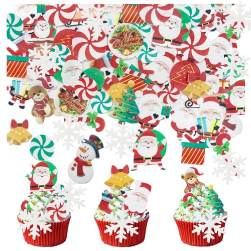 64PCS Christmas Edible Cake Topper Decorations Santa Claus Snowflakes Cupcake Toppers Wafer Paper