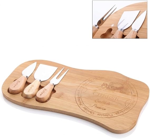 Deconox Peynir Sunum Seti 4 Parça, Bambu Servis Tahtası ve 3 Parça Peynir Bıçağı Seti, Peynir Tabağı, Kahvaltı, Meze, Şarküteri ve İkramlık Sunum Tahtası, 33 x 17,5 x 1,2 cm