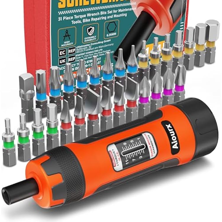 Torque Screwdriver Set, 1-11 Inch Pounds lbs, 1 in-lb Increment, 31 Pcs 14 Torque Screwdriver Wrench with S2 Steel Bits for Professional Maintenance, Bike Repairing and Mounting