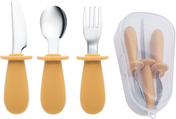 Guqqo Silikon Saplı Bebek Çatal Kaşık Bıçak Seti, 316L, BLW, Saklama Kutulu, Turuncu