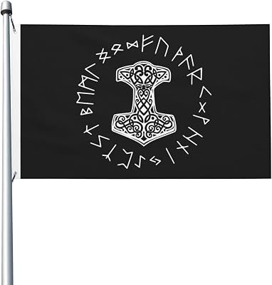 Vikings Mjolnir And Rune Wheel Norse Mythology Symbol Flag 3x5 Ft Outdoor Decoration Banner Yard Flag With Grommets