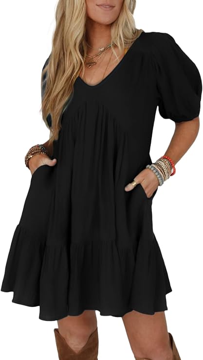 Acelitt Women's Short Sleeve Babydoll Mini Dress