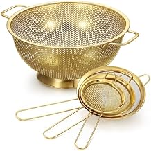 Norme 4 Quart Stainless Steel Gold Colander and 3 Pcs Gold Fine Mesh Strainer, Stainless Steel Pasta Rice Food Metal Strainer with Handles, Easy Clean and Dishwasher Safe