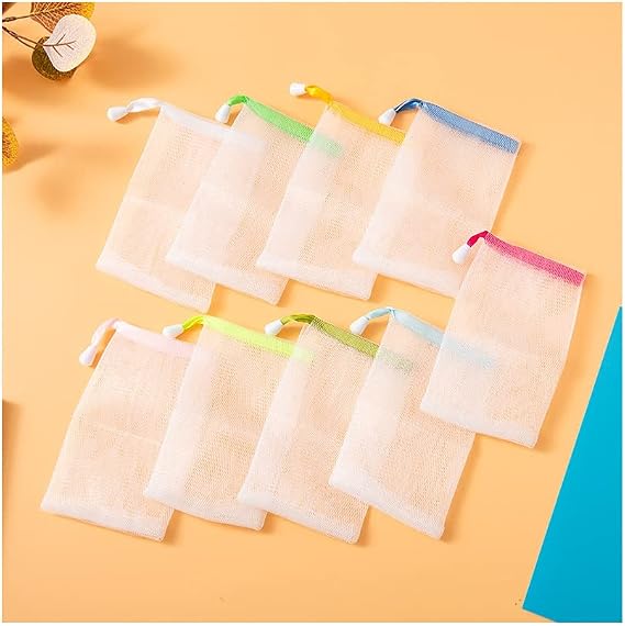 FULINJOY 10 PCS Exfoliating Mesh Soap Saver Pouch Bag Sack, Face Cleansing Foaming Nets, White Pouch with Drawstring (Color Random)
