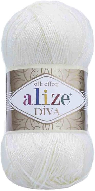 Hand Knitting Yarn 100% Microfiber Acrylic Yarn Alize Diva Silk Effect Thread Crochet Art Lace Craft Lot of 4 skeins 400gr 1532yds Color (1055 Sugar White)