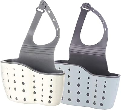 Kitchen Sink Caddy Sponge Holder Silicone Plastic Soap Holder Hanging Ajustable Strap Faucet Caddy with Drain Holes2 Pack