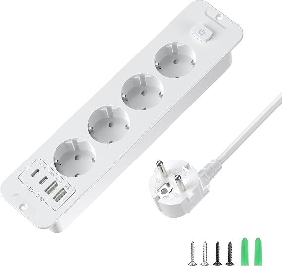 Retractable Socket 4-Way with Switch USB C PD 20 W 2 m White