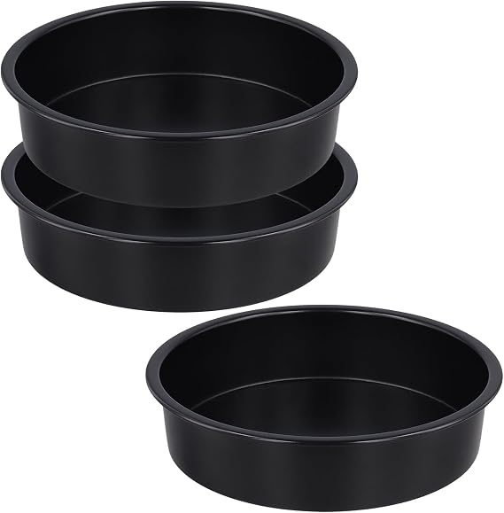 JEUIHAU 8 inch Cake Tins Set of 3, Non-Stick Carbon Steel Layer Cake Pans, Round Baking Pan for Roasting Serving (Black)