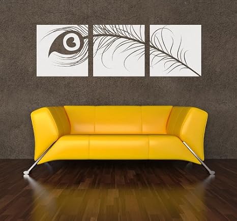 Peacock Feather Triptych Wall Decal 24" x 7.5" Grey