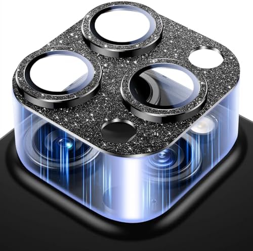 Uyiton Compatible with iPhone 16 ProiPhone 16 Pro Max Camera Lens Protector - [Not Easy to Break][Strong Adsorption][Case-Friendly] Metal Tempered Glass Rear Camera Screen Cover - Glitter Black