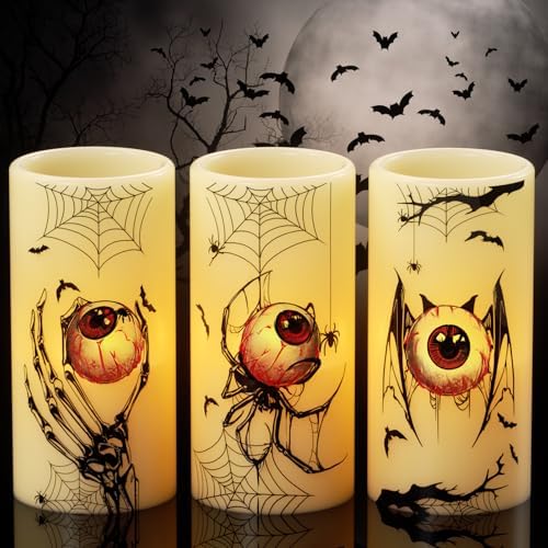 DRomance Halloween Flameless Flickering Candles Battery Operated with Timer, 3 Pack Real Wax LED Pillar Candles Spooky Bloody Eyes Spider Decals Dinner Halloween Decorations Indoor3 D x 6 H