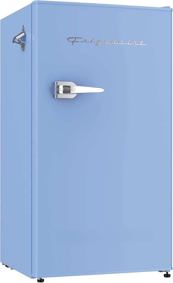 Frigidaire Retro Compact Refrigerator with Chiller, 3.2 Cubic Feet Countertop Refrigerator with Built-in Bottle Opener for Compact Refrigerator, Office, Bedroom, Dorm Room, Cabin - 16.5"D x 19"W x 31"H Blue