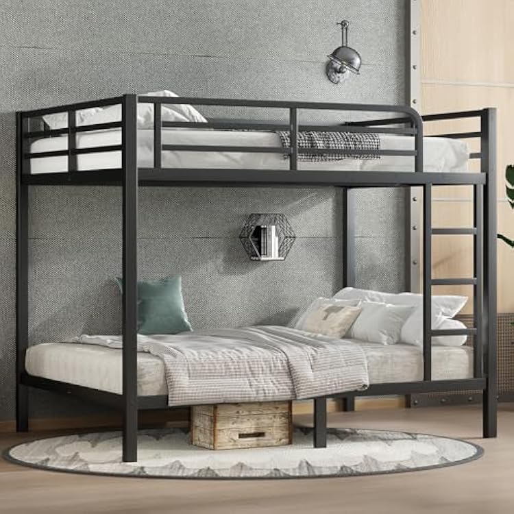 Metal Full Over Full Bunk Bed for Teens and Adults, Heavy Duty Bunk Bed Frame with Ladder and Safety Guardrails, Space-Saving, Noise Reduced, No Box Spring Needed, Black