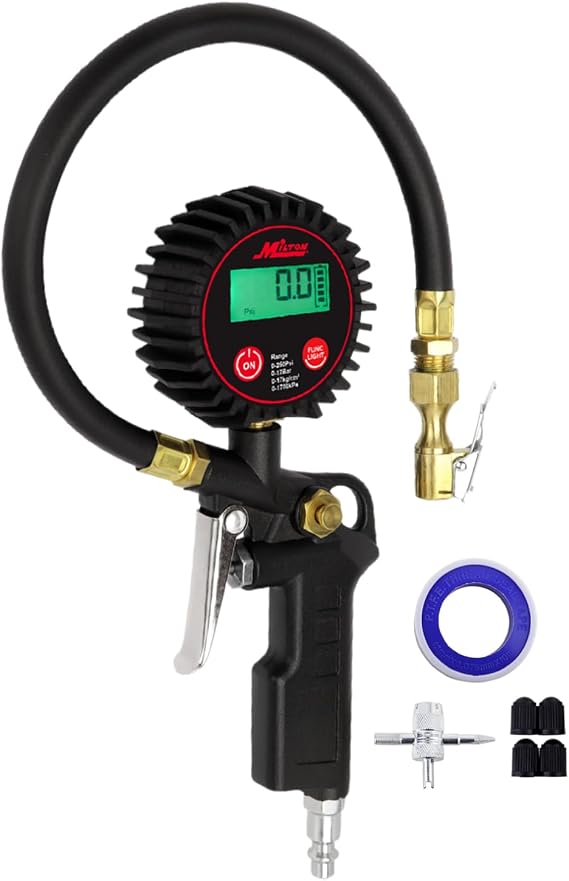 Milton 507KIT Digital Tire Inflator Car Accessories w/Accurate Air Tire Pressure Gauge, 14 Rubber Air Hose 250 PSI, Brass Lock-On Clip Air Chuck and Compressor Accessories